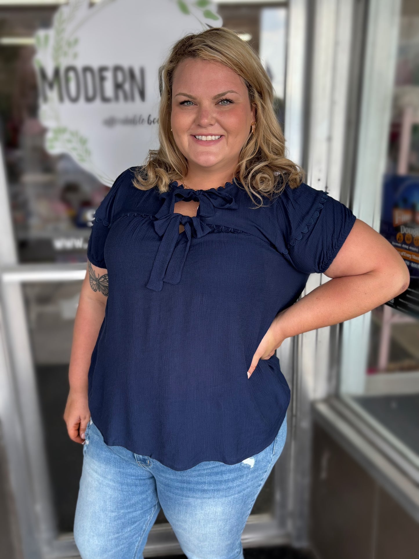 Curvy Navy Blue Scallop Trim Bow Blouse