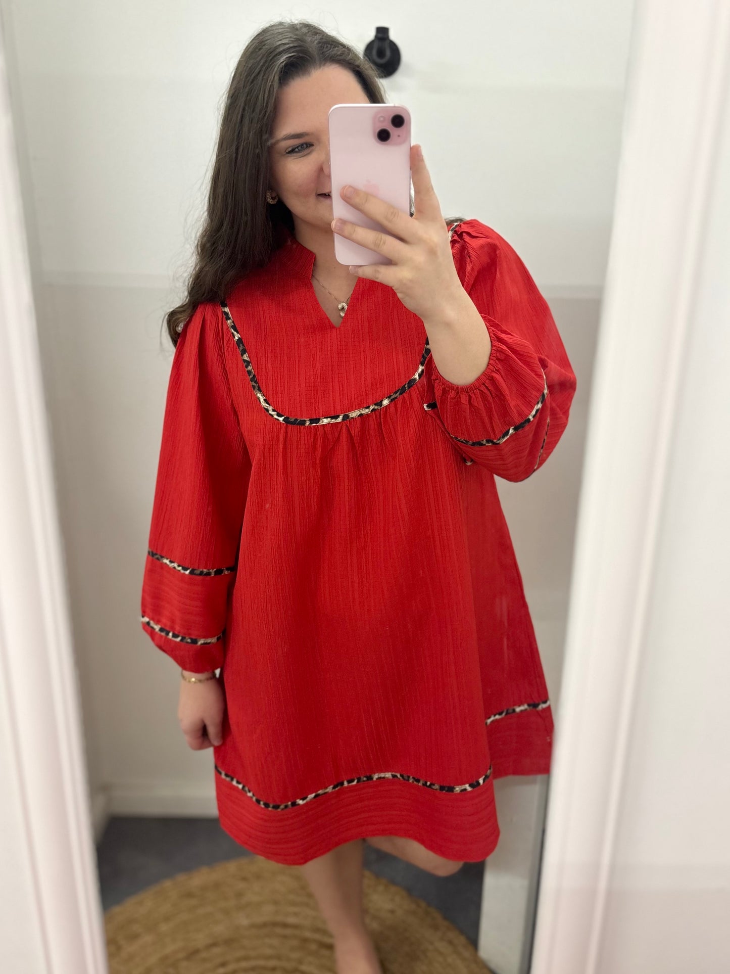 Red Textured V Neck Leopard Trim Long Sleeve Dress