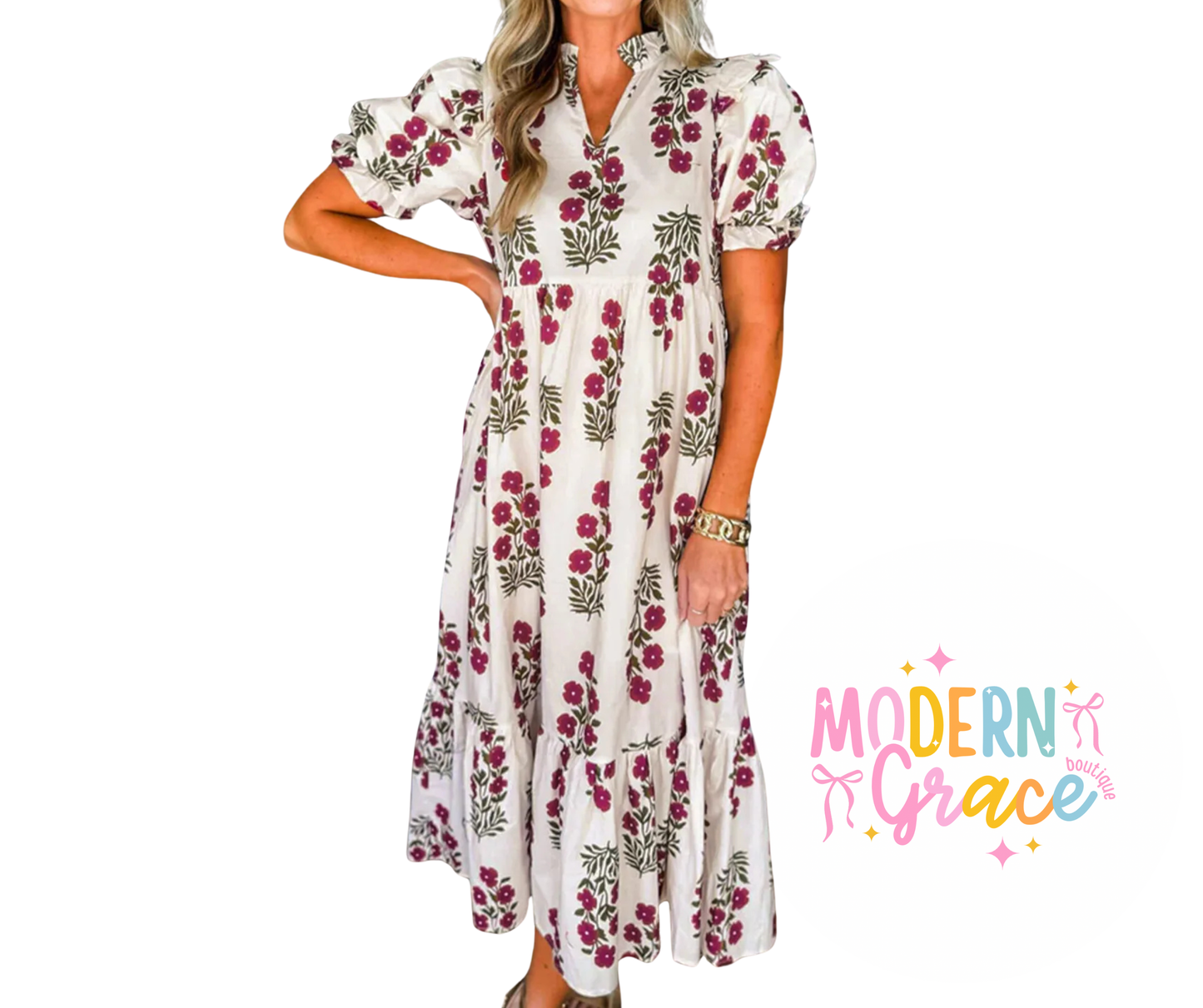 Beige floral short bubble sleeve tiered maxi dress by Modern Grace, flowing fabric with floral pattern and layered skirt.