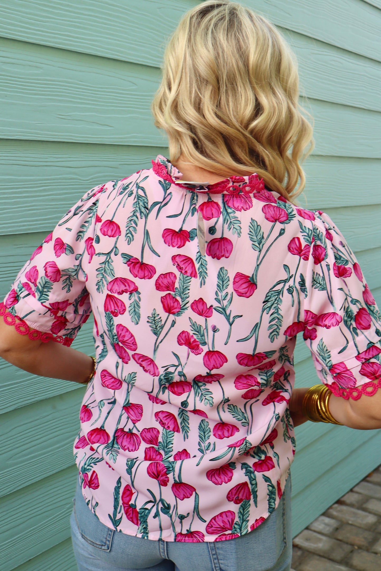 Pink Floral Lace Detail Frilled V Neck Summer Blouse