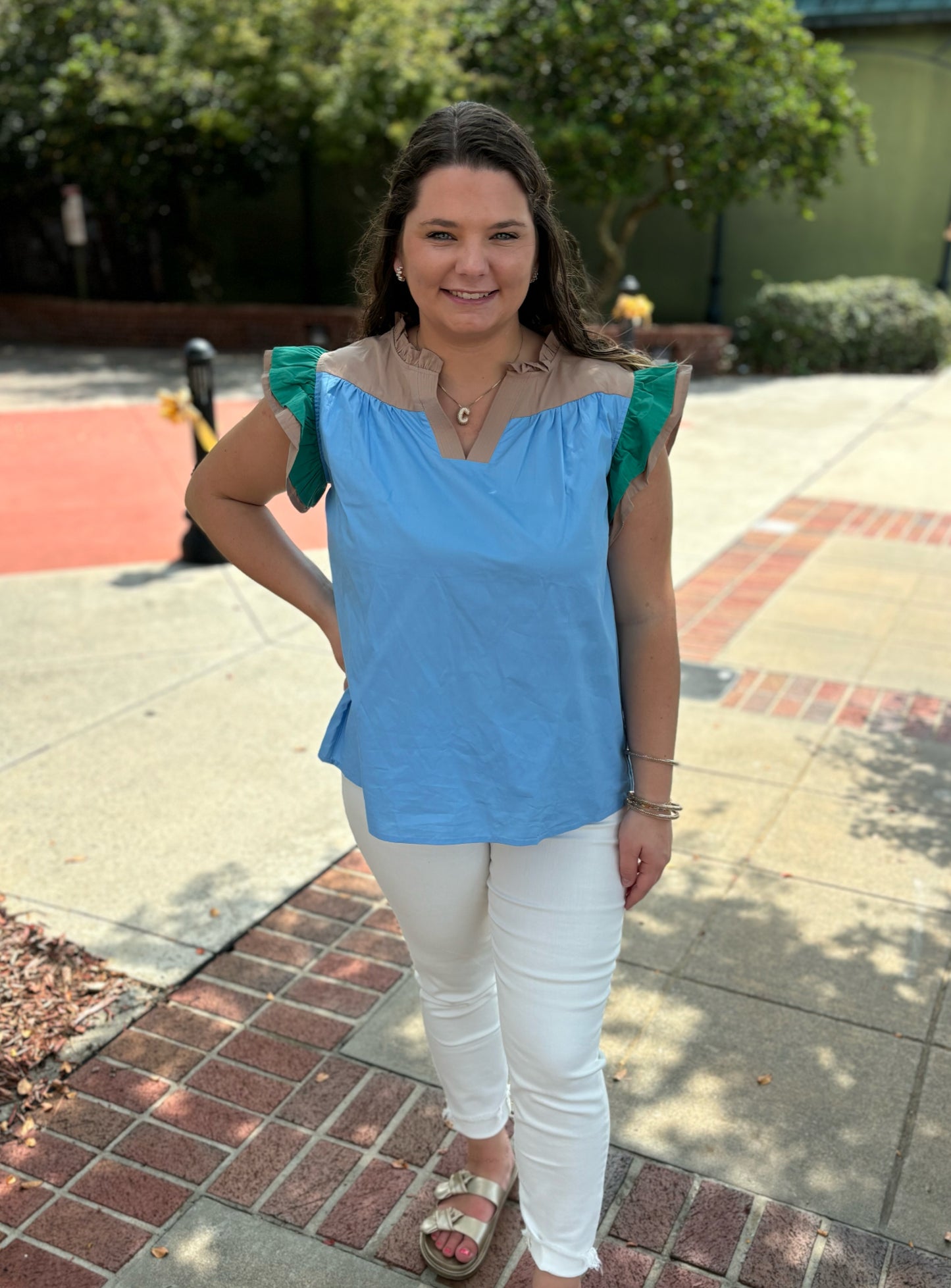 Blue Colorblock V Neck Blouse