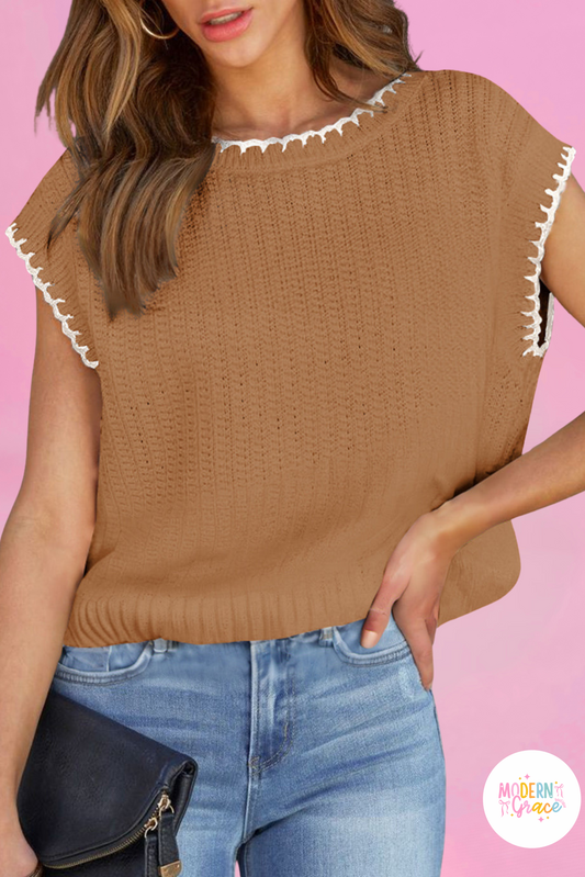 Camel Knit Short Sleeve Sweater Top (Warehouse Exclusive)