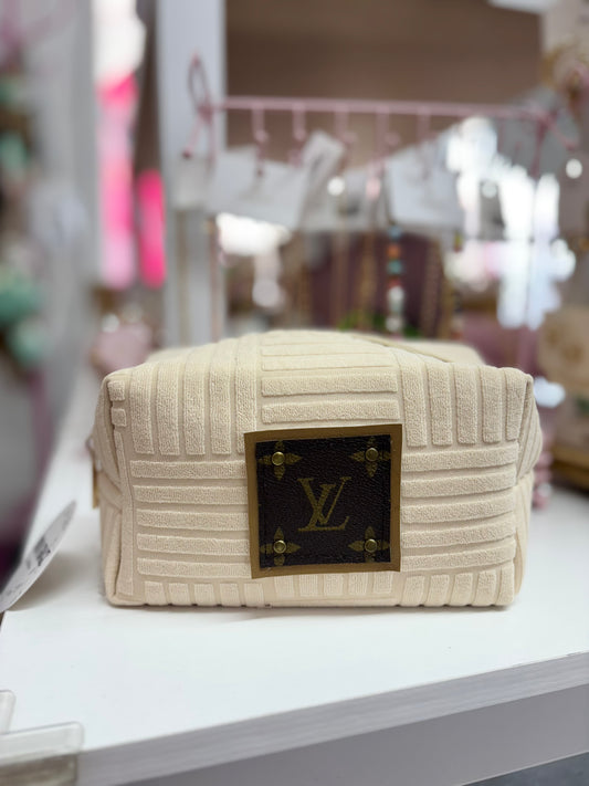 Upcycled Ivory Terry Cloth Travel Pouch (LV Logo is Authentic and has been repurposed onto a new bag)
