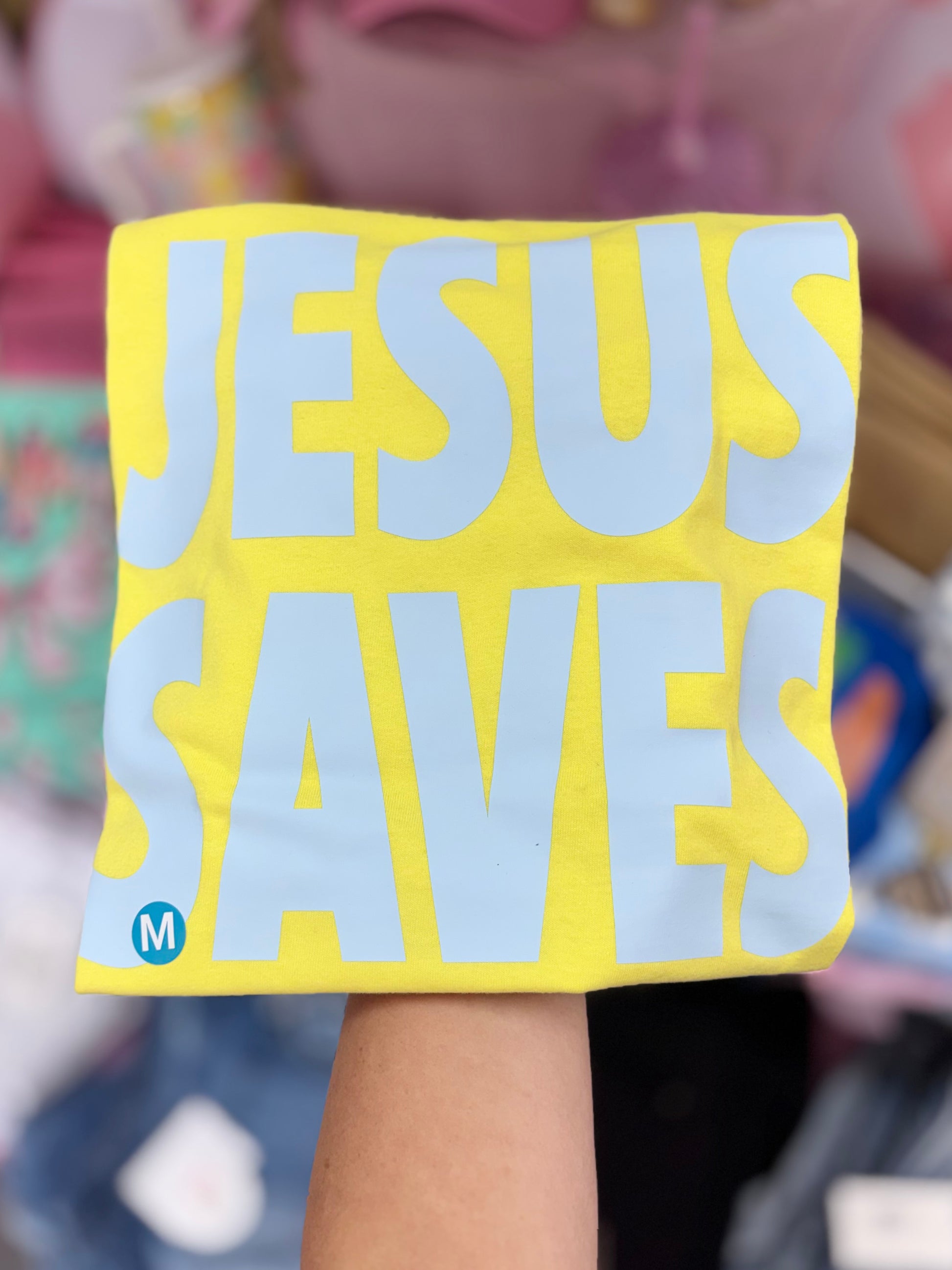 Modern Grace Jesus Saves short sleeve T-shirt with bold graphic print, casual fit, and Christian-themed design.