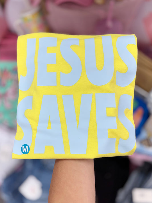 Modern Grace Jesus Saves short sleeve T-shirt featuring printed religious message on soft cotton fabric.