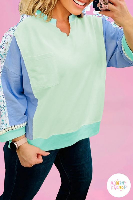 Green Color Block Floral Patchwork Long Sleeve Notched Neck Plus Size Top (Warehouse Exclusives)