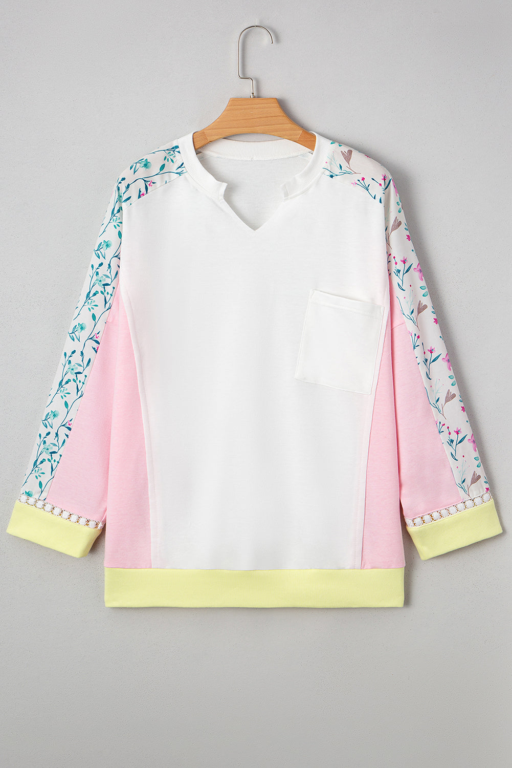 White Floral Colorblock Patchwork Chest Pocket Notched Neck Long Sleeve Top (Warehouse Exclusive)