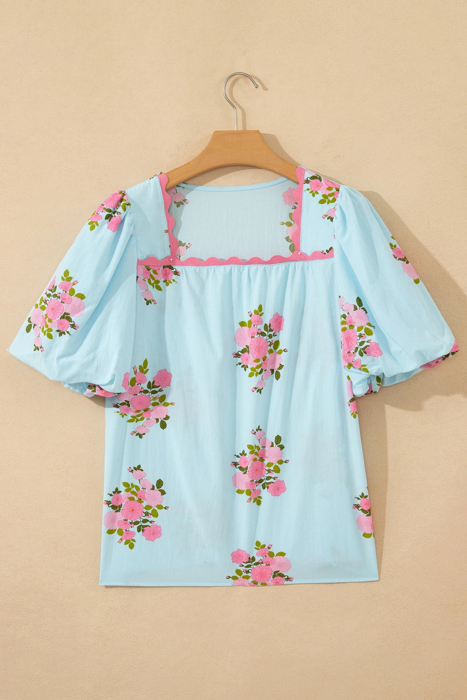 Sky blue floral ricrac trim square neck blouse with bubble sleeves, modern grace tops, stylish and feminine fashion piece