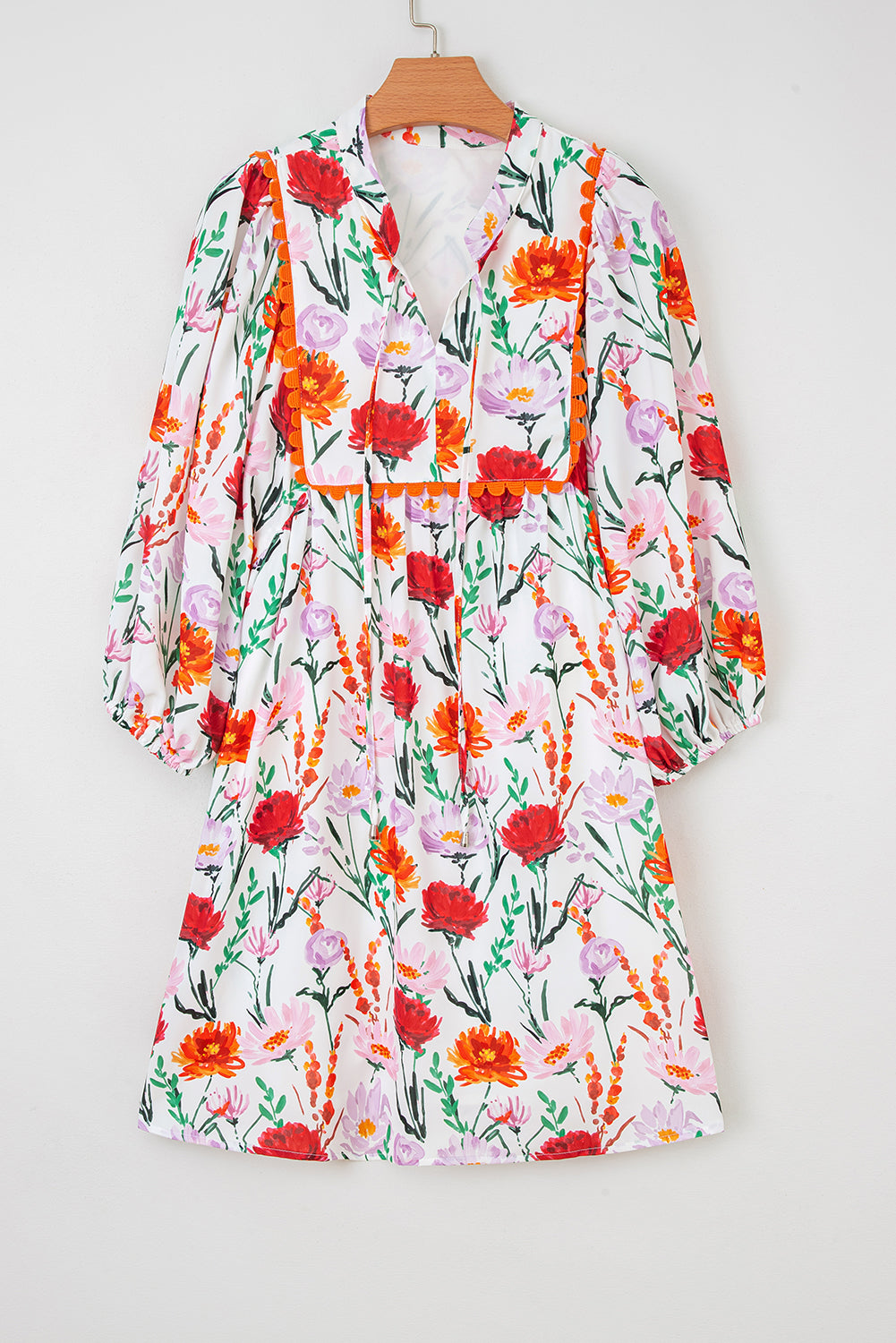 Beige Floral Print 3/4 Puff Sleeve Ricrac Trim Dress