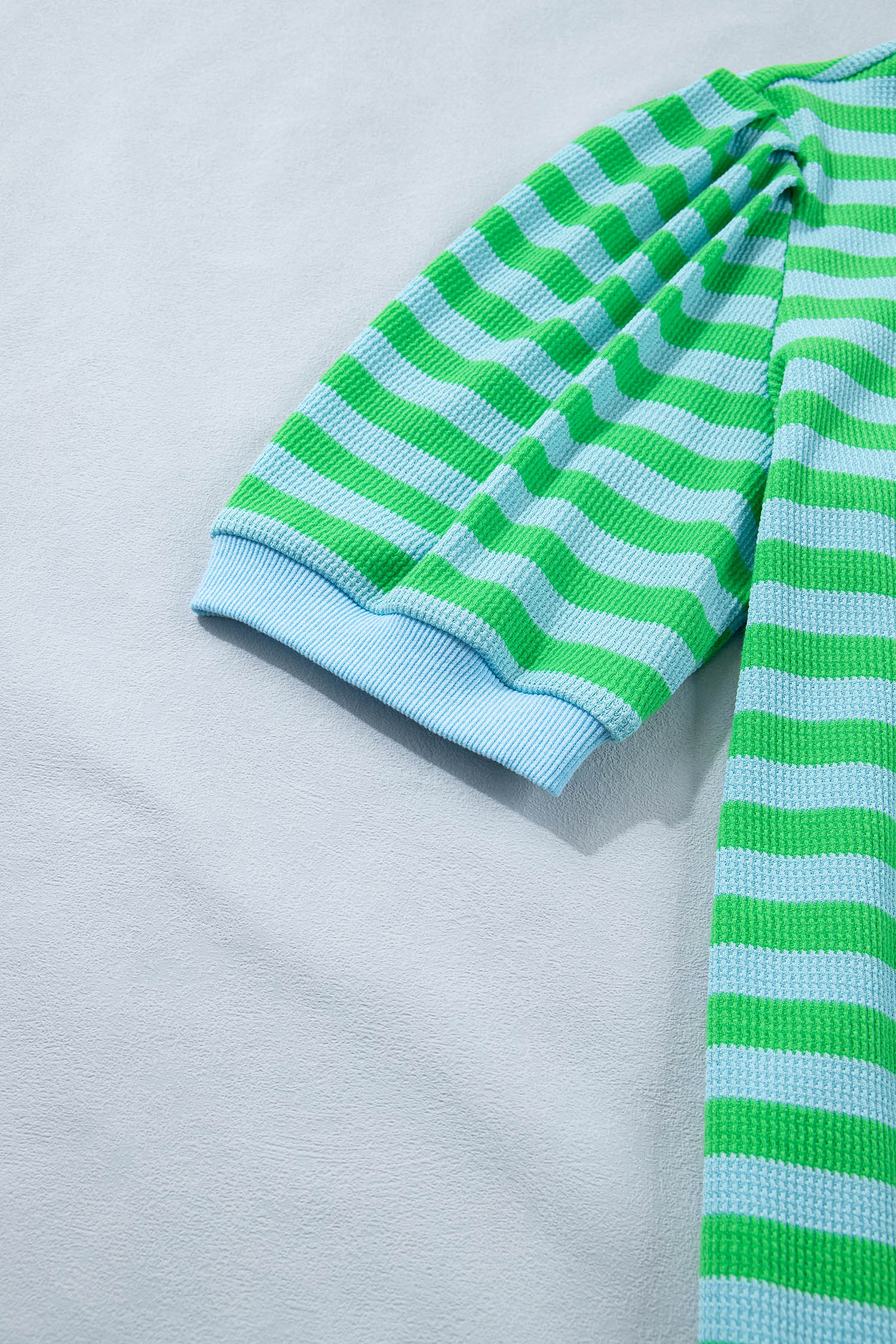 Modern Grace green stripe puff short sleeve T-shirt and matching shorts set, casual two-piece summer outfit.