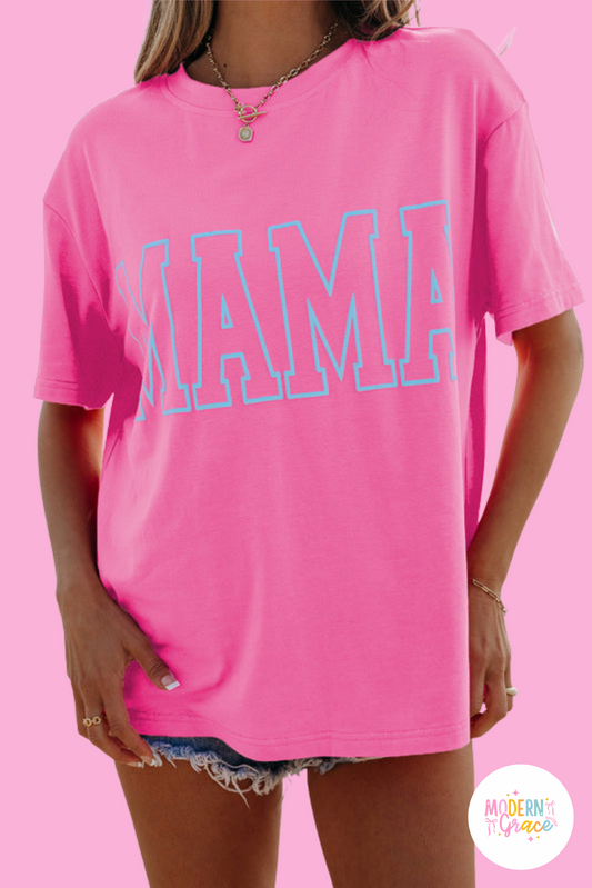Bright Pink MAMA Letter Graphic Neon T Shirt (Warehouse Exclusive)