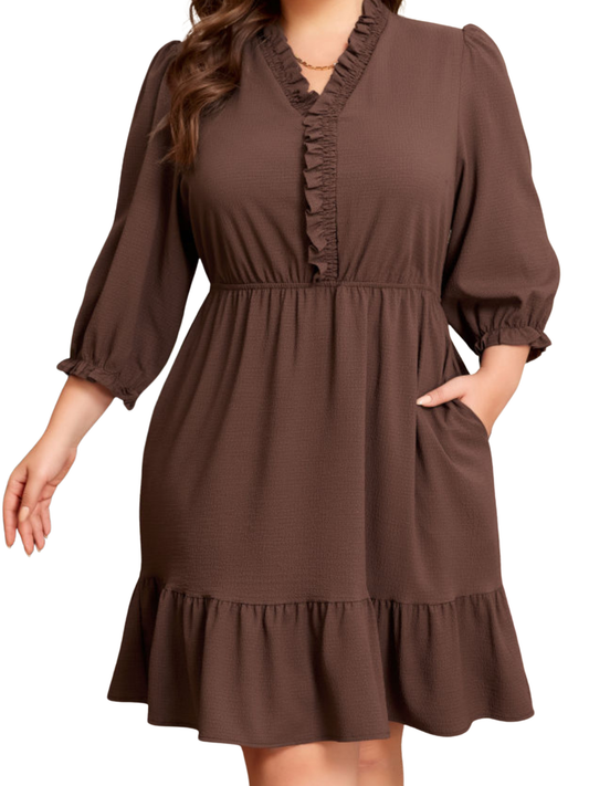 Curvy Brown Frilled Trim V Neck Puff Sleeve Textured Dress