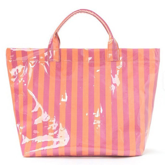 Large striped vinyl tote bag by Modern Grace, featuring bold horizontal stripes and sturdy handles for everyday use.