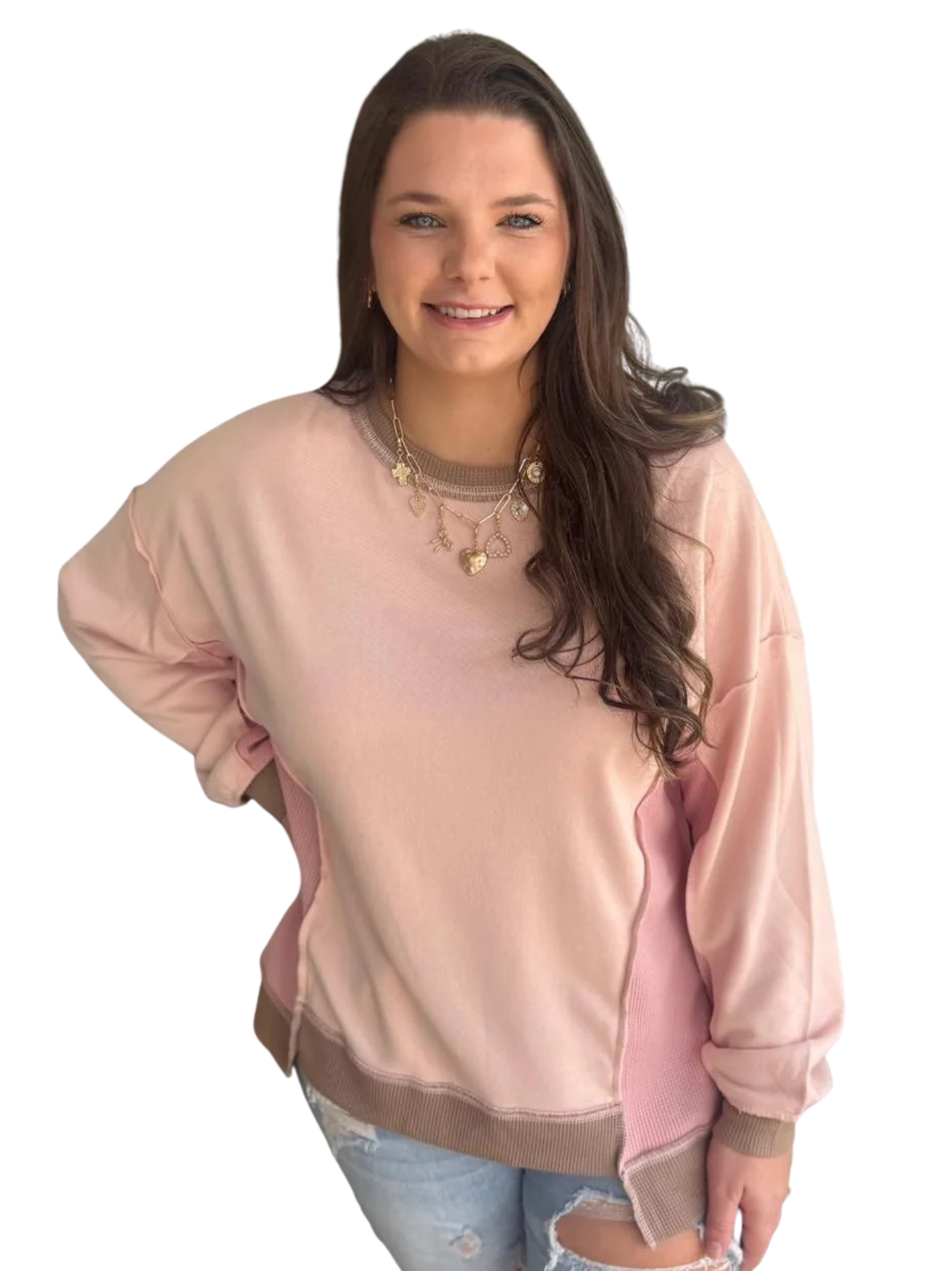 Light pink color block waffle patchwork oversized sweatshirt by Modern Grace, featuring mixed textures and casual fit.