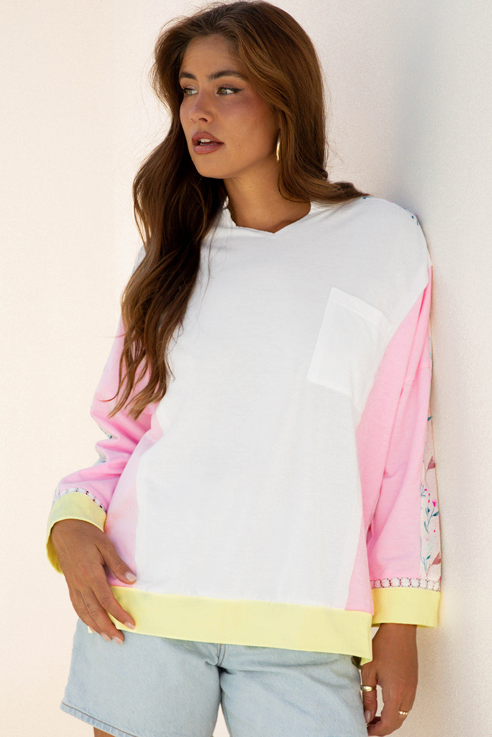 White Floral Colorblock Patchwork Chest Pocket Notched Neck Long Sleeve Top (Warehouse Exclusive)