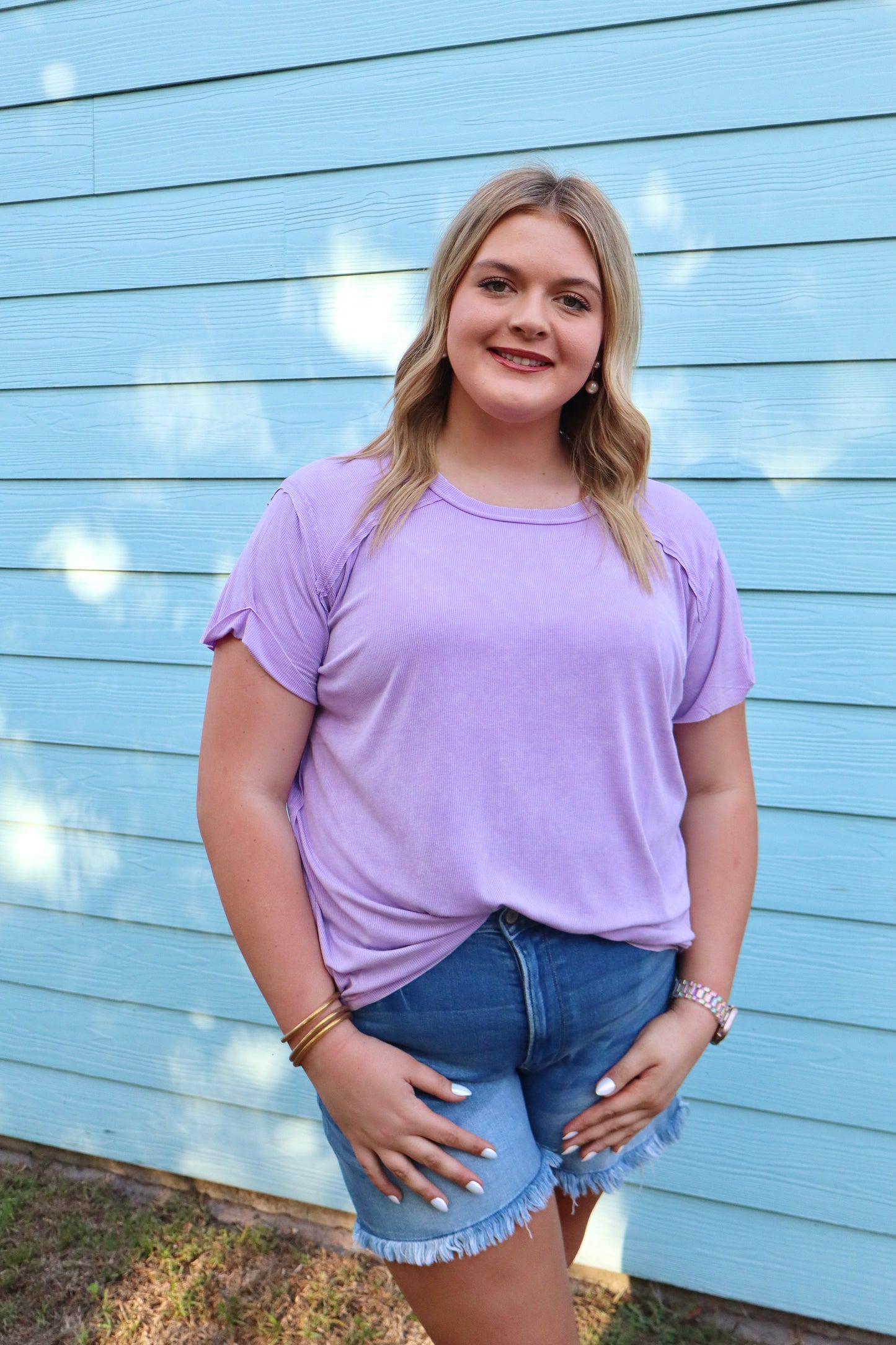 Lavender washed ribbed short sleeve boat-neck top by Zenana, showcasing a fitted, casual stylish women's blouse with a relaxed fit.