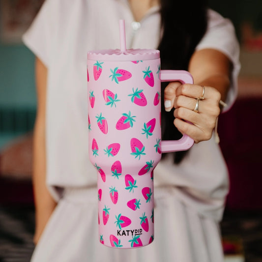 Modern Grace Subtle Strawberry 38 oz insulated stainless steel tumbler with a subtle strawberry design and durable lid.