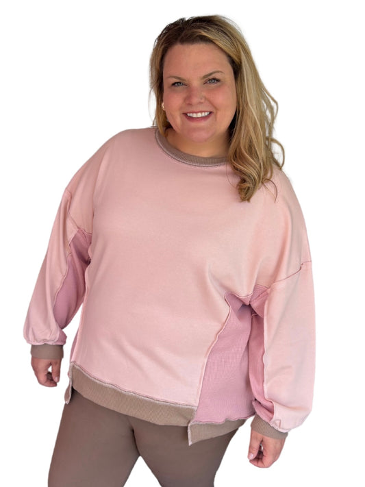 Curvy Light Pink Color Block Waffle Patchwork Exposed Sea Sweatshirt (Size up for baggy fit)