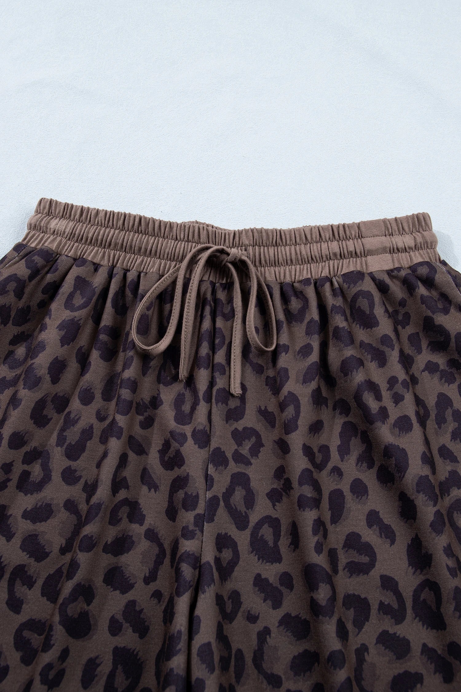 Brown leopard print V-neck high waist two-piece short set by Modern Grace, featuring stylish matching top and shorts.