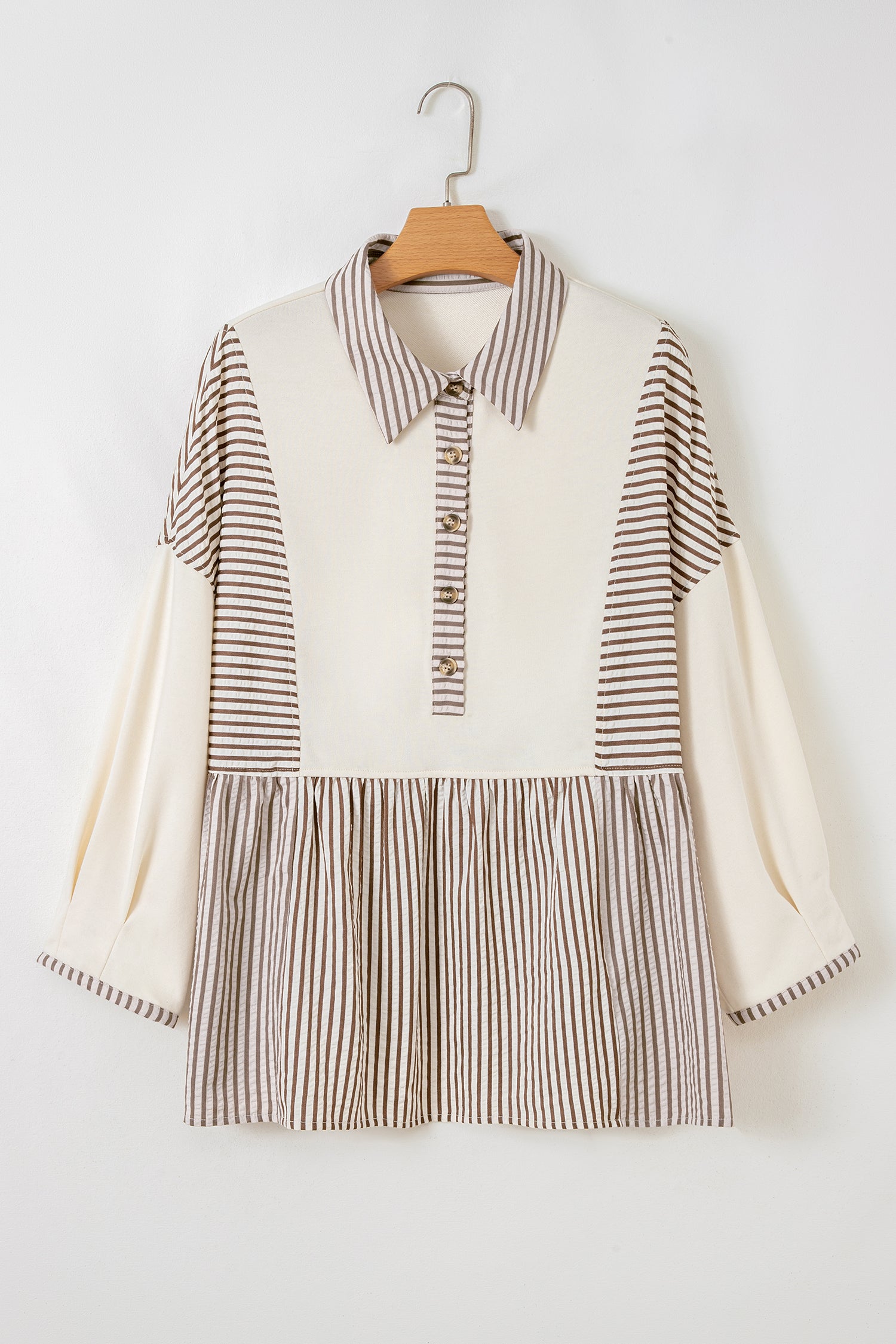 Plus size khaki stripe patchwork peplum blouse by Modern Grace featuring long sleeves and half button front.