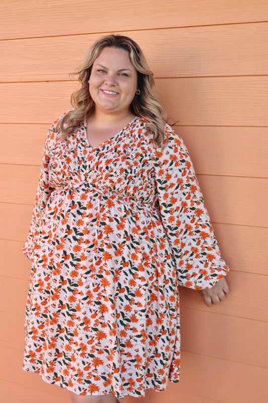 Fall Floral V Neck Smocked Bust Long Sleeve Babydoll Dress