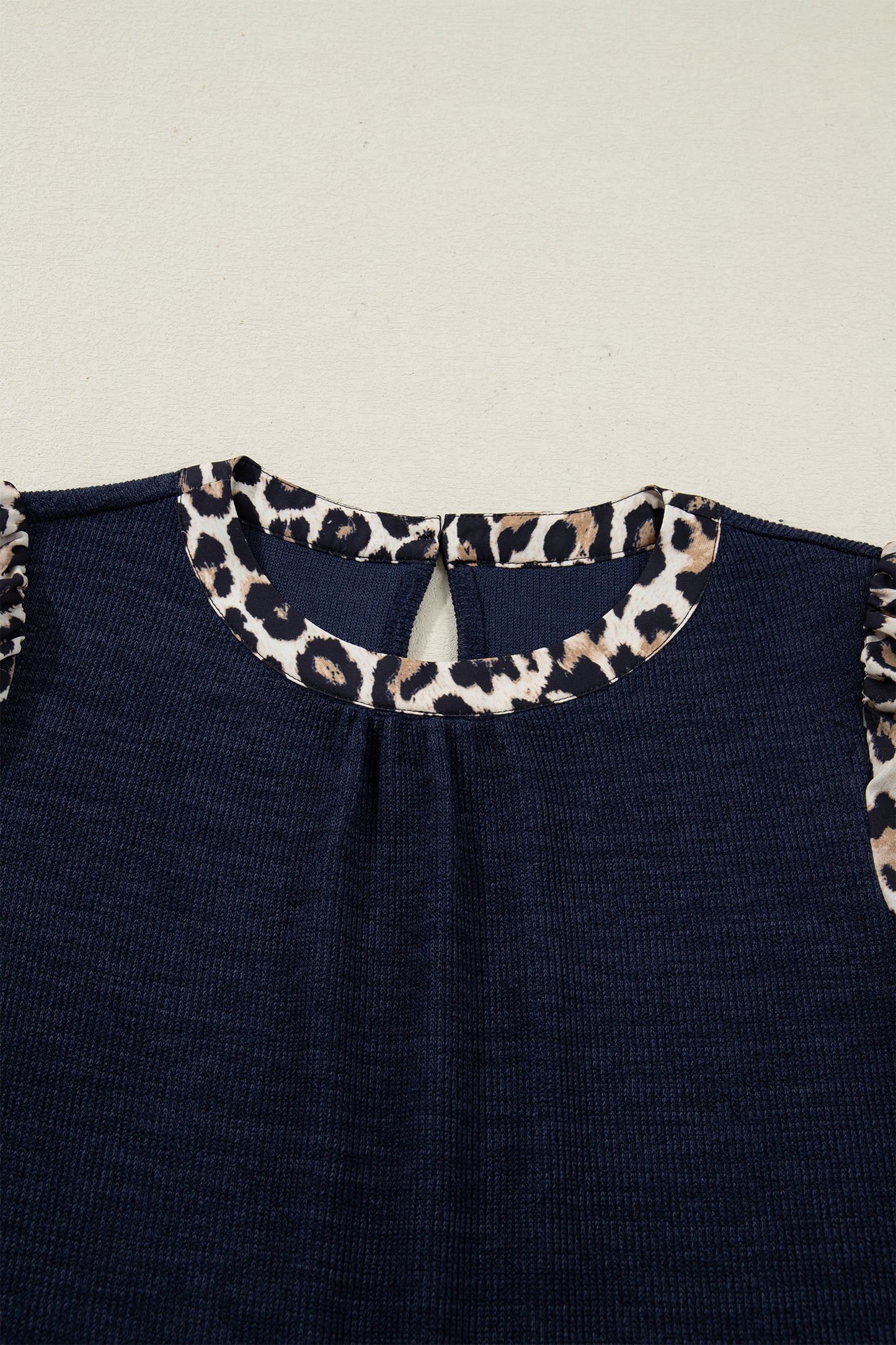 Ribbed Contrast Leopard Patchwork Short Sleeve Top