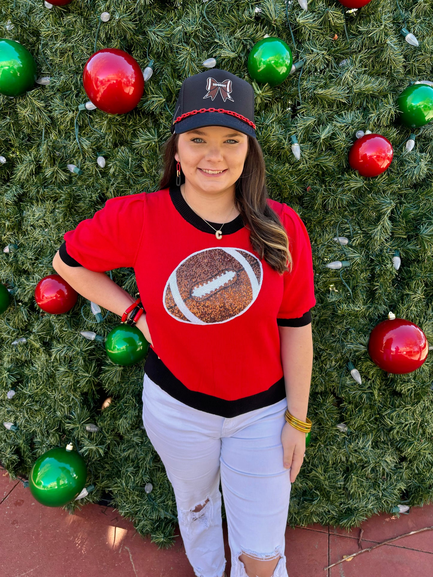 RED FOOTBALL SEQUIN SWEATER