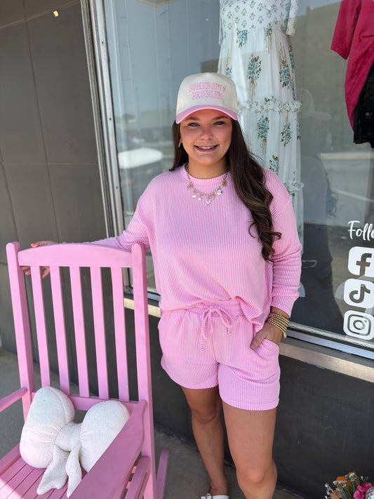 Pink Raised Rib Long Sleeve Tee & Shorts Set