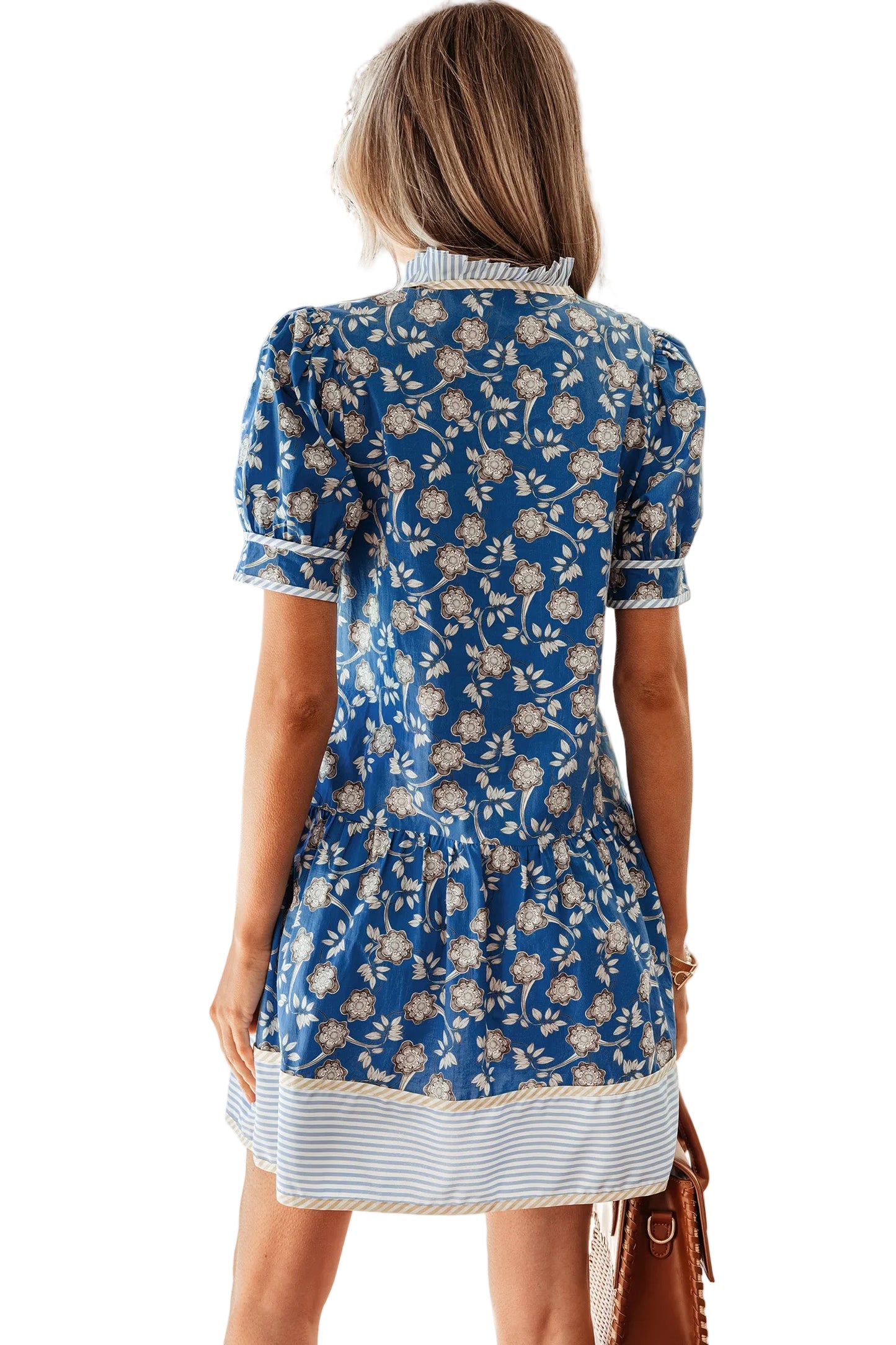 Blue floral dress by Modern Grace featuring blue stripes, trim half buttons, and short sleeves, perfect for casual summer wear.