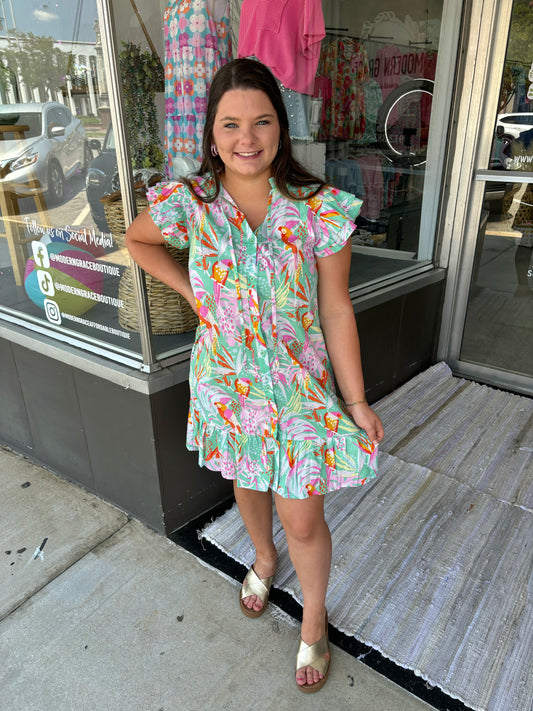 GREEN FLUTTER SLEEVE BUTTONED DRESS