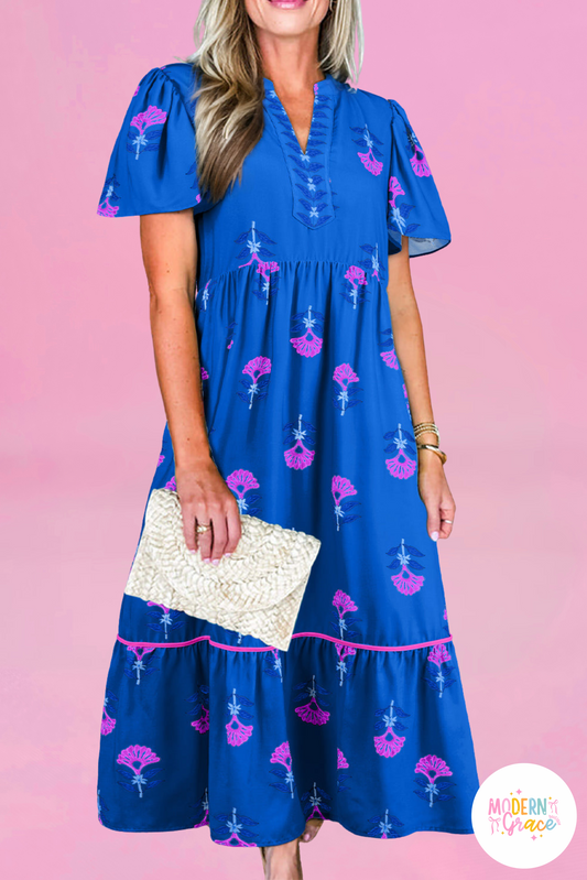 Blue Floral Print Notched Neck Butterfly Sleeve Shift Long Dress (Warehouse Exclusives)