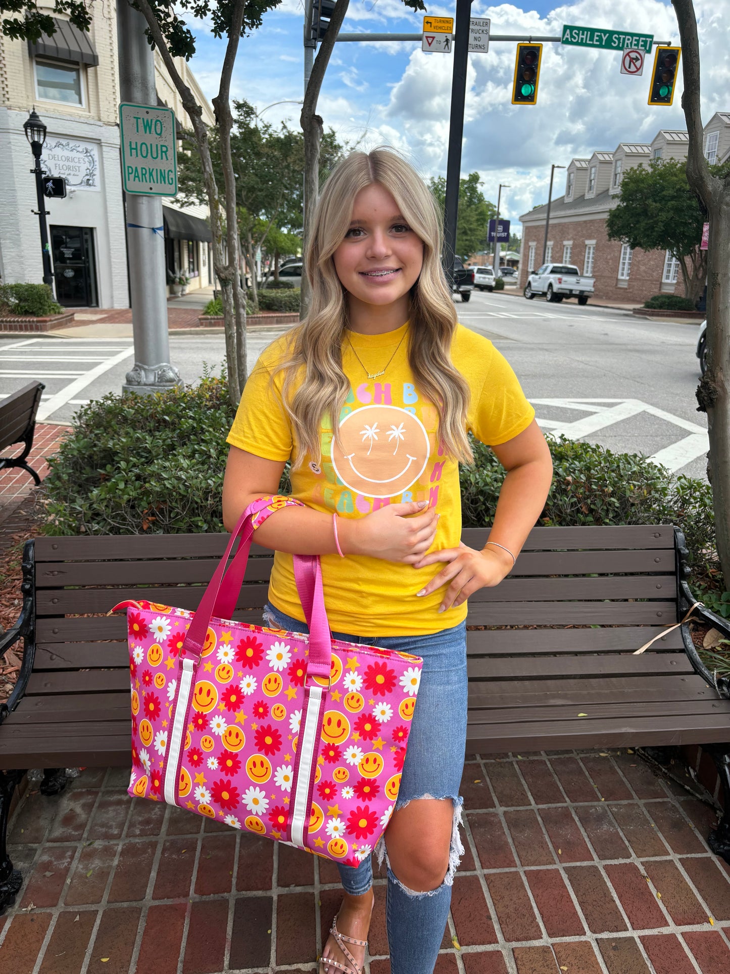 Red Flower Happy Face Tote Bag