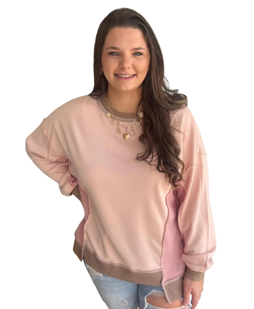 Light pink color block waffle patchwork oversized sweatshirt by Modern Grace, featuring mixed textures and relaxed fit.