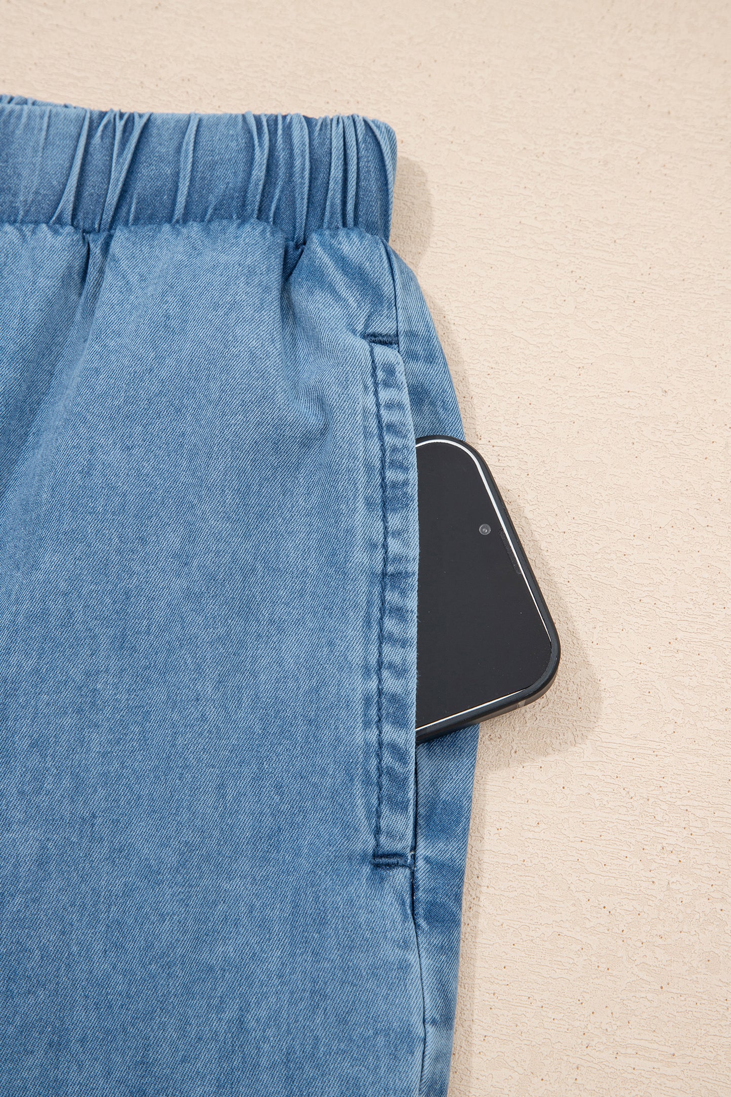 Beau Blue Ruffled Hem Wide Leg Chambray Pants