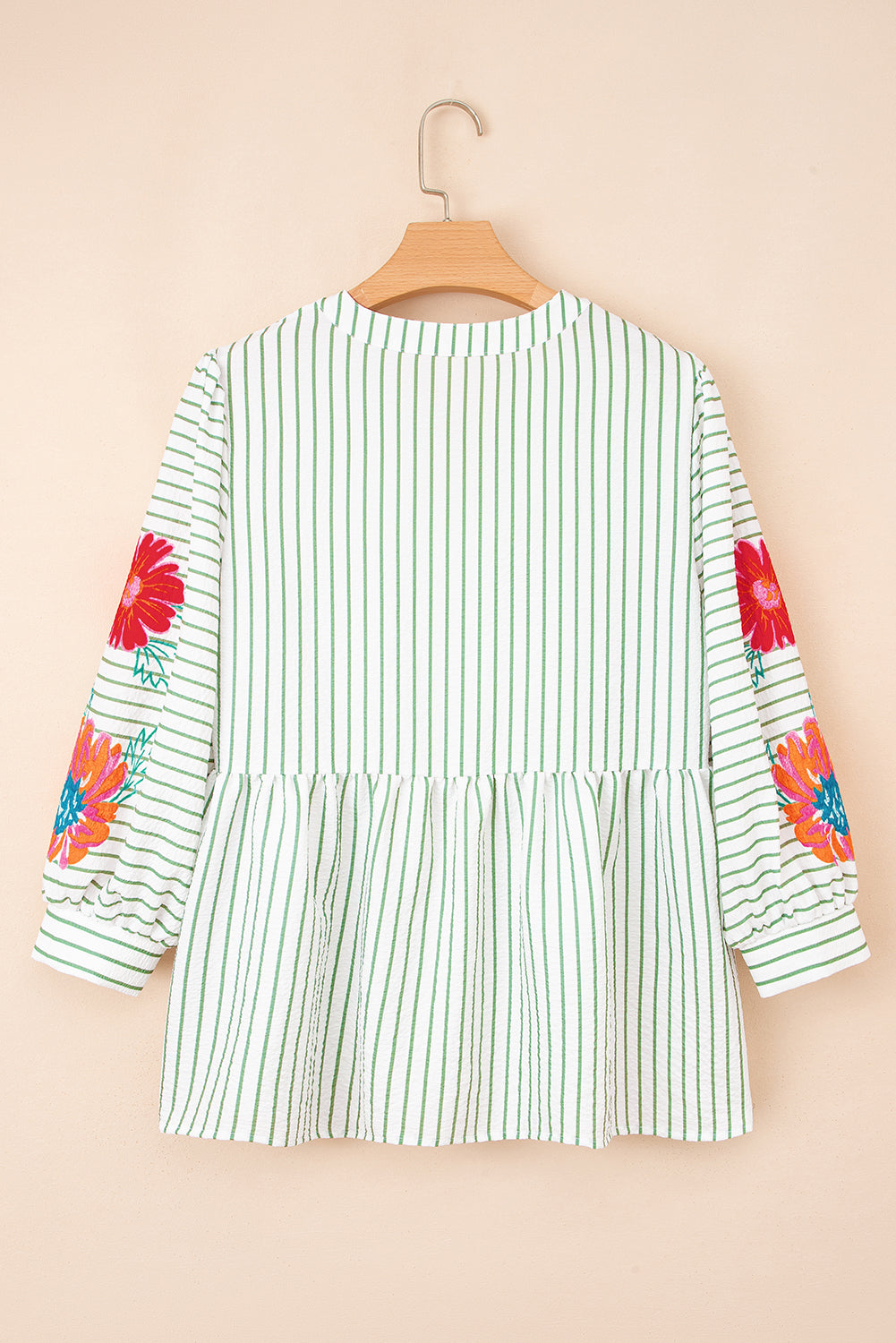Green Stripe Flower Puff Sleeve Notched V Neck Babydoll Blouse (Warehouse Exclusives - Online only!)