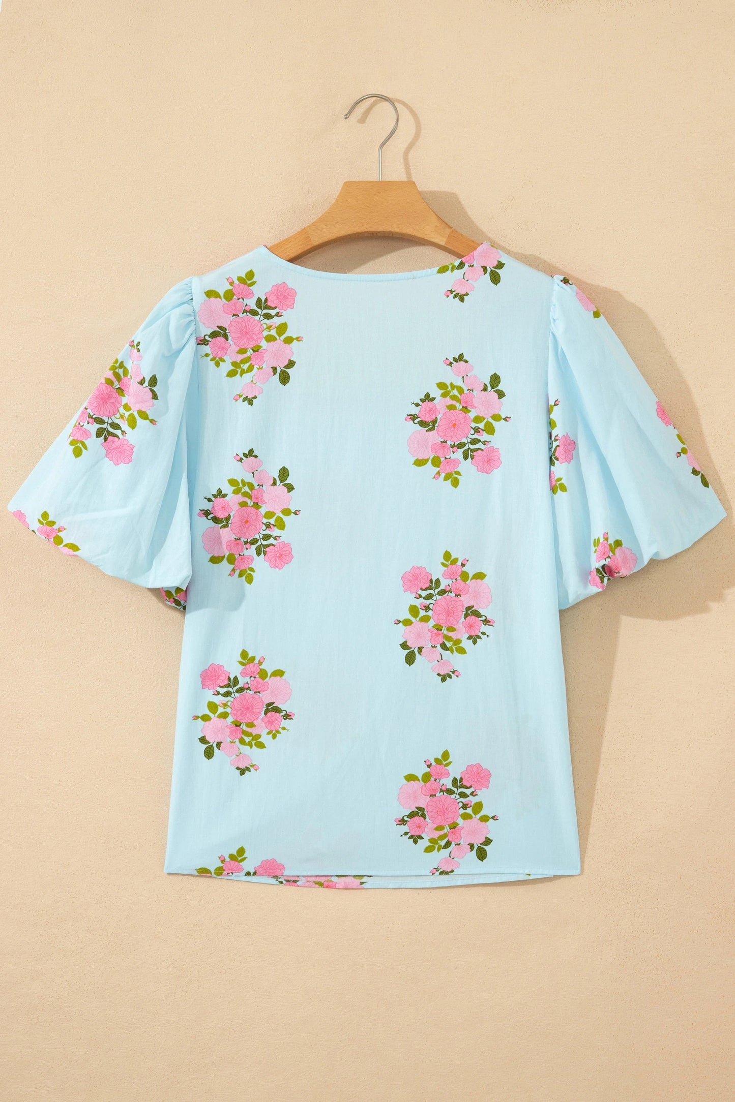 Sky blue floral ricrac trim square neck blouse with bubble sleeves, modern Grace tops, stylish and feminine fashion choice.