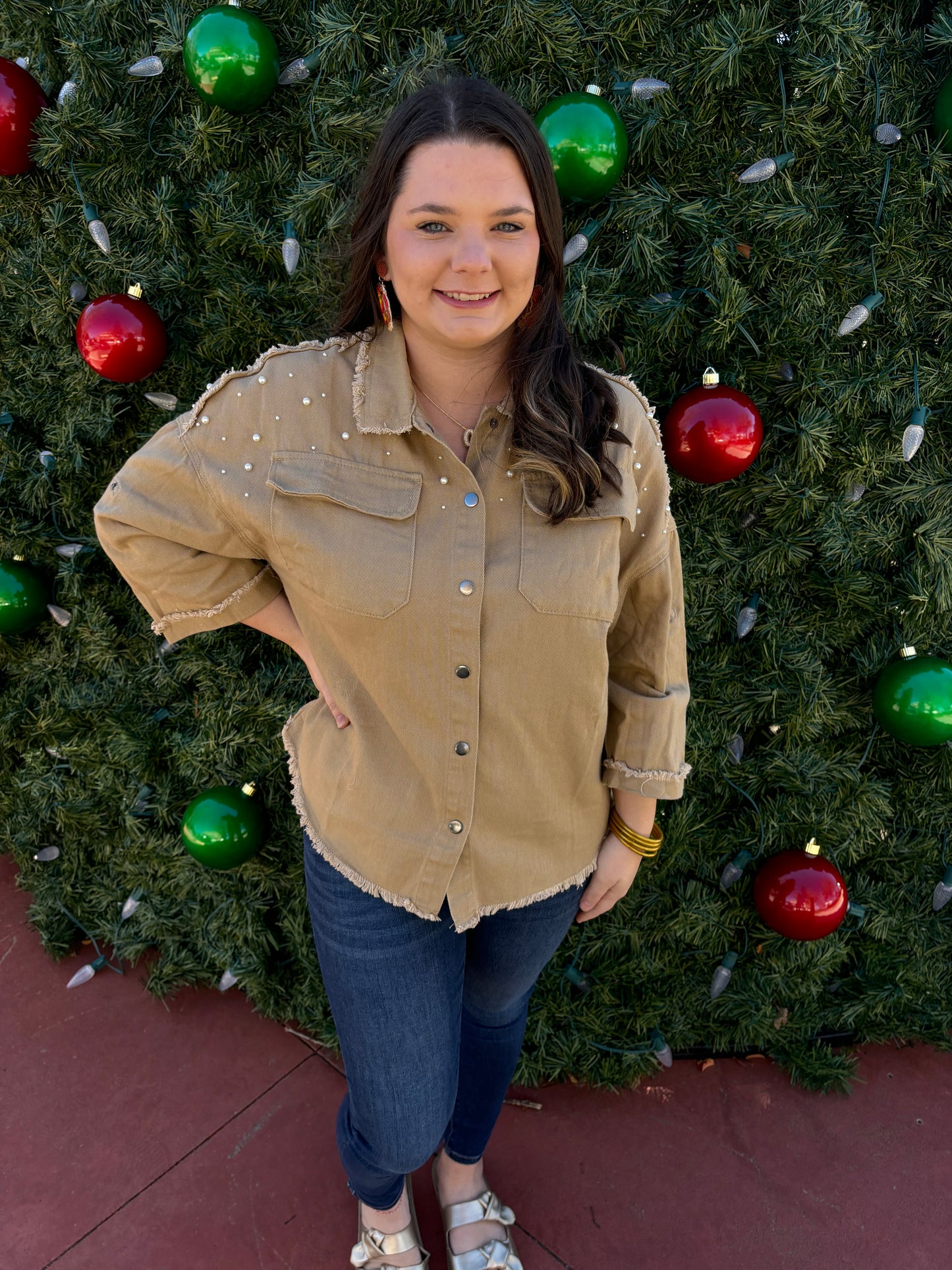 Khaki Pearl Beaded Raw Hem Button Up Jacket