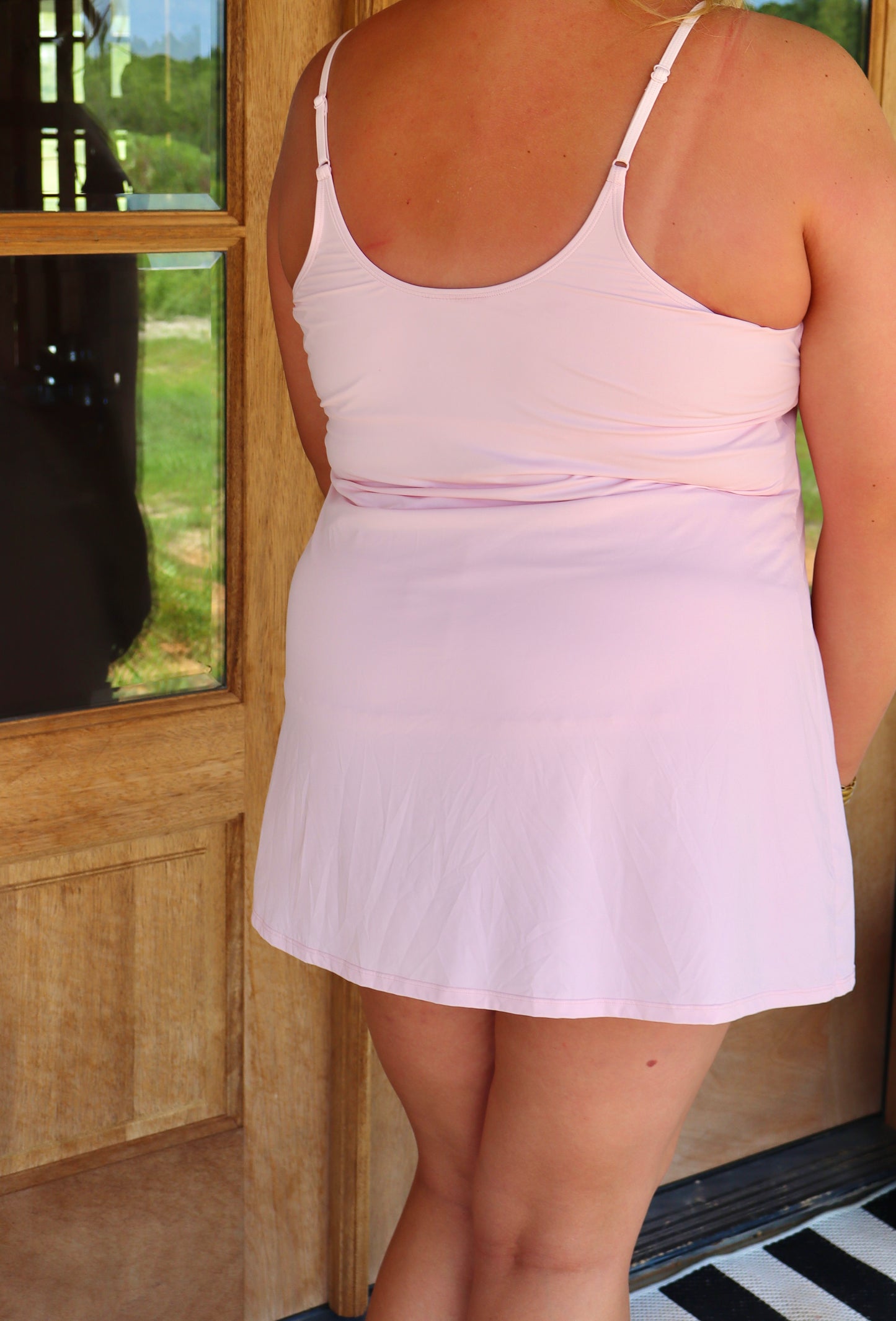 Pink Plus Size Active Dress Set with Built-in Bra, Sleeveless Dress with Shorts Underneath Two Piece Set