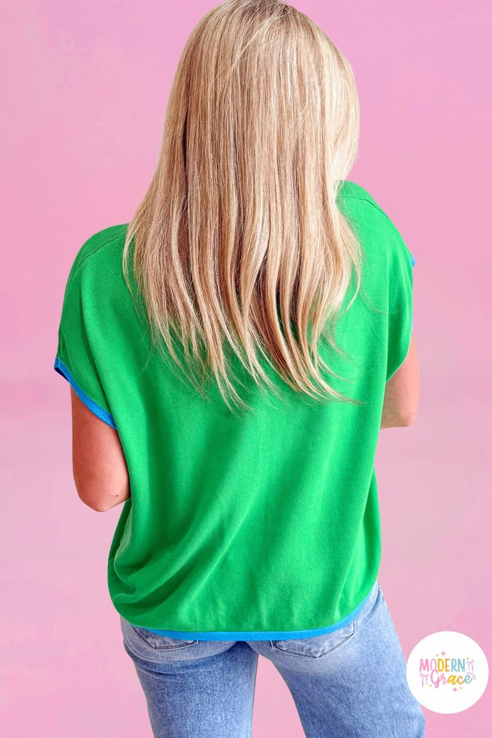 Green contrast trim round neck short sleeve knit sweater by Modern Grace with loose fit and casual style, perfect for layered outfits.
