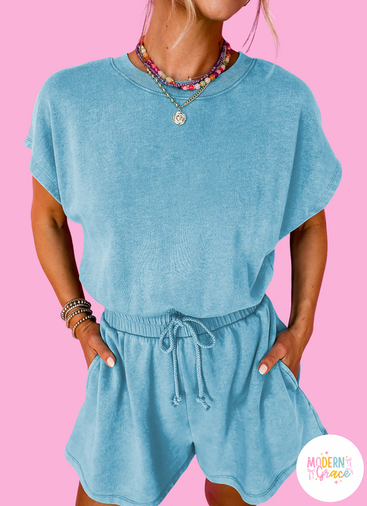 Mist Blue Mineral Wash Drawstring Waist Hollow Out Back Short Sleeve Romper (Warehouse Exclusive)