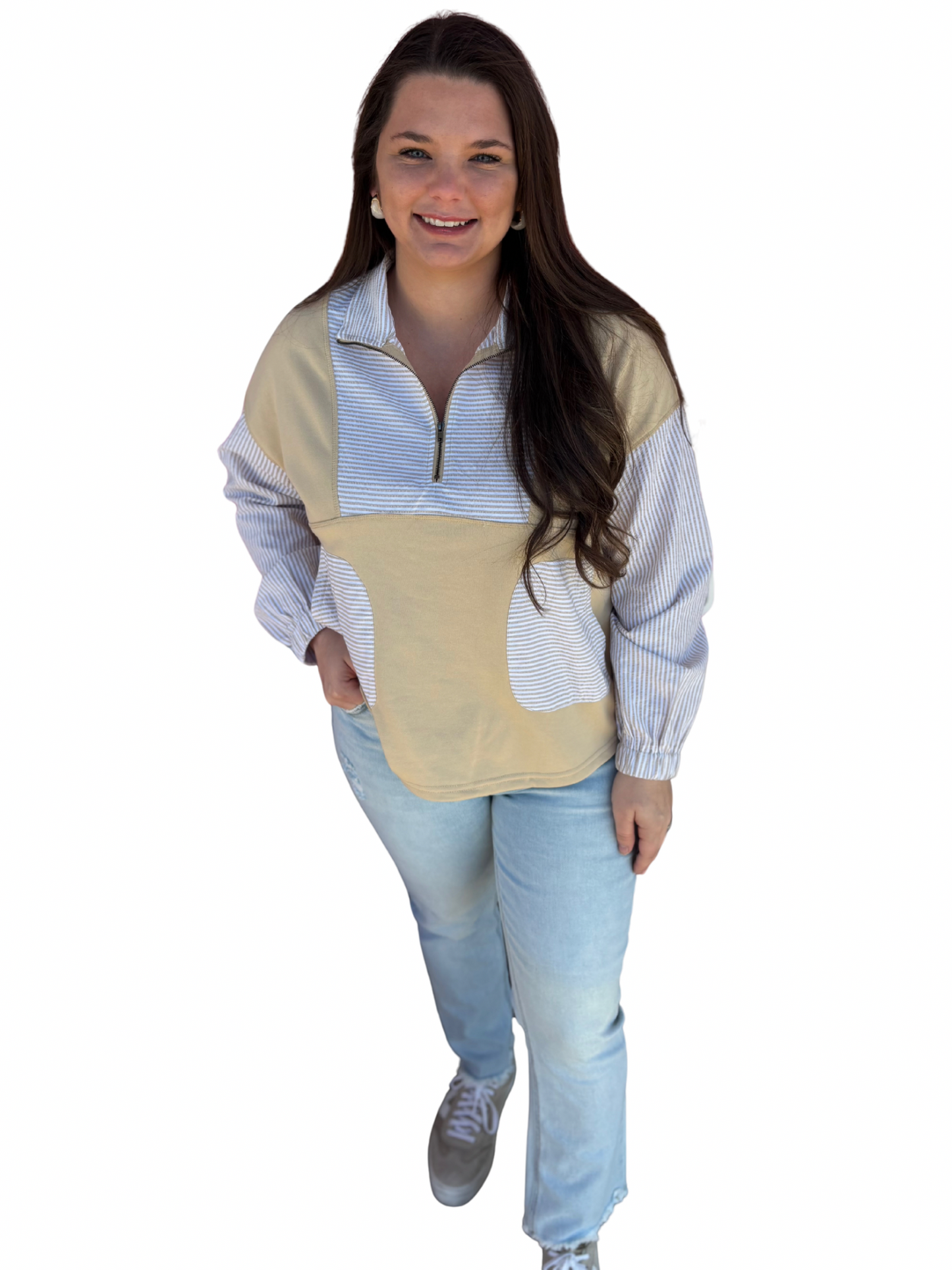 Khaki Quarter Zip Striped Patchwork Long Sleeve Top