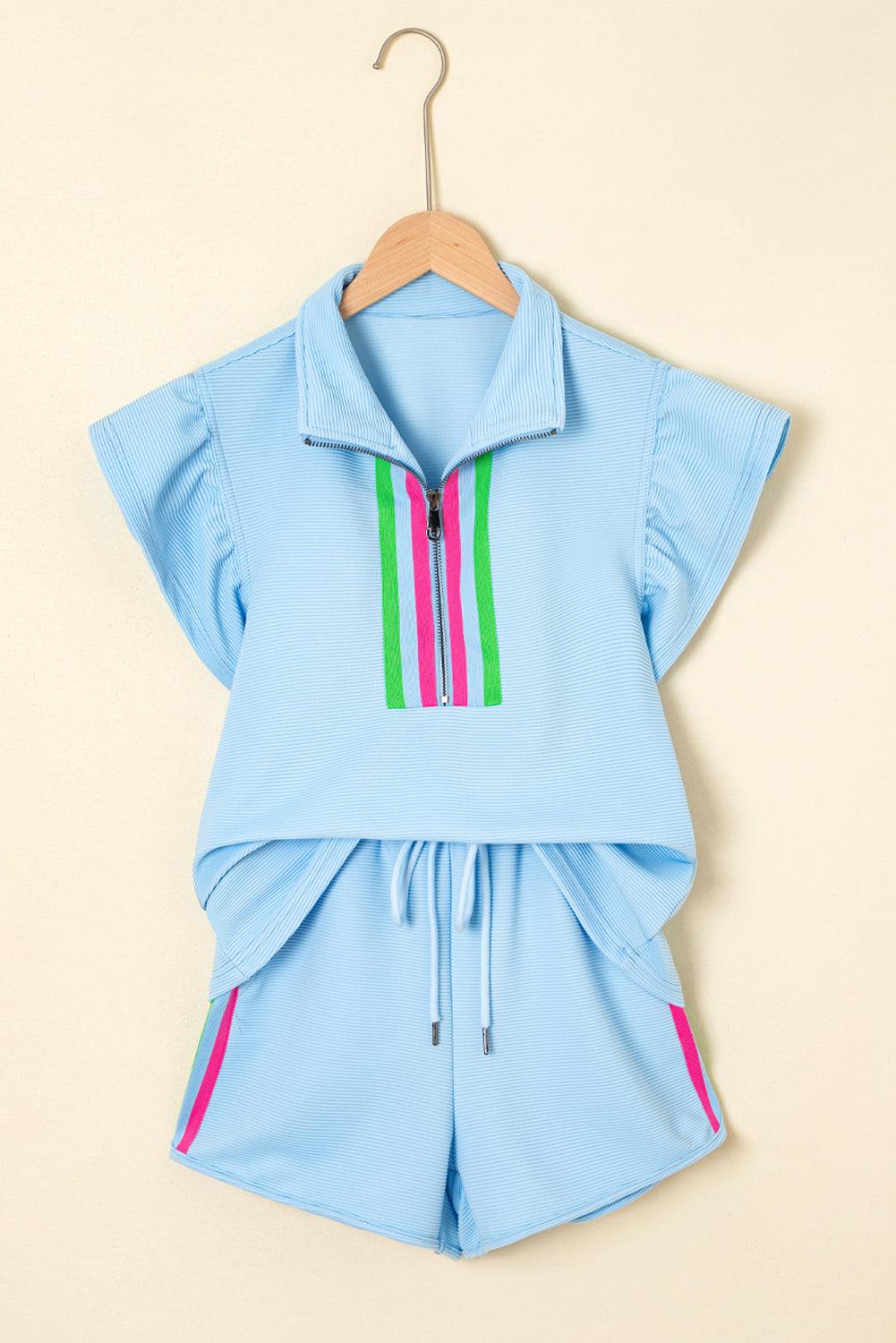 Modern Grace Beau Blue striped short set with flutter sleeves and zipped collar, featuring a two-piece design.