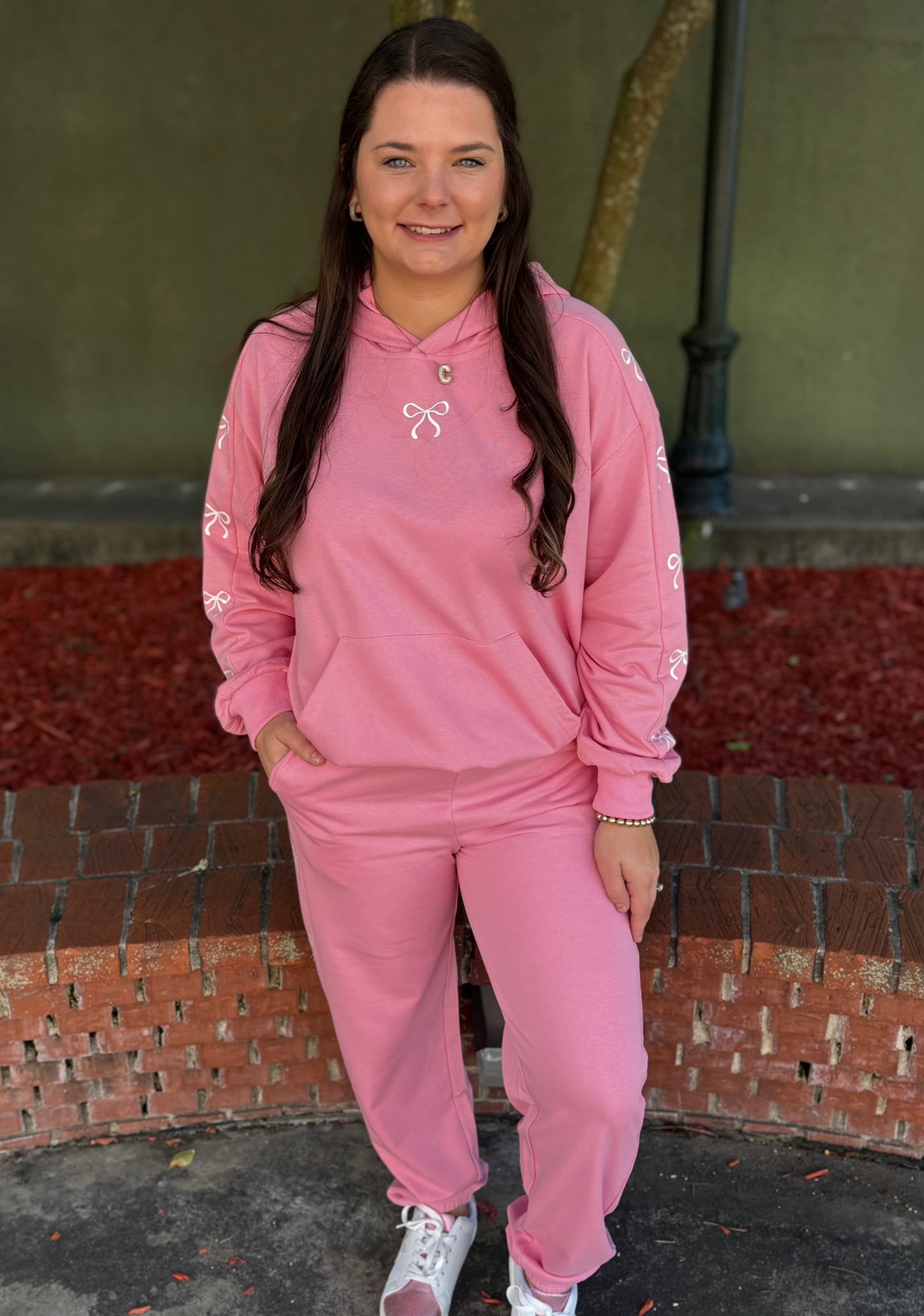 Pink Ribbon Embroidered Hoodie Set