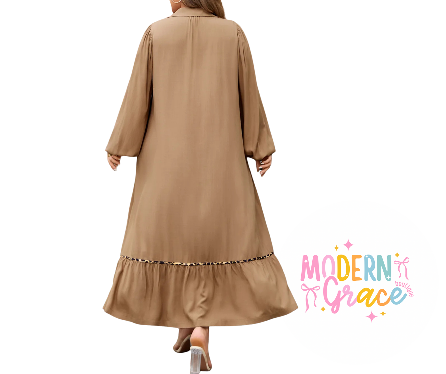 Curvy Mocha V Neckline Leopard Piping Accent Maxi Dress