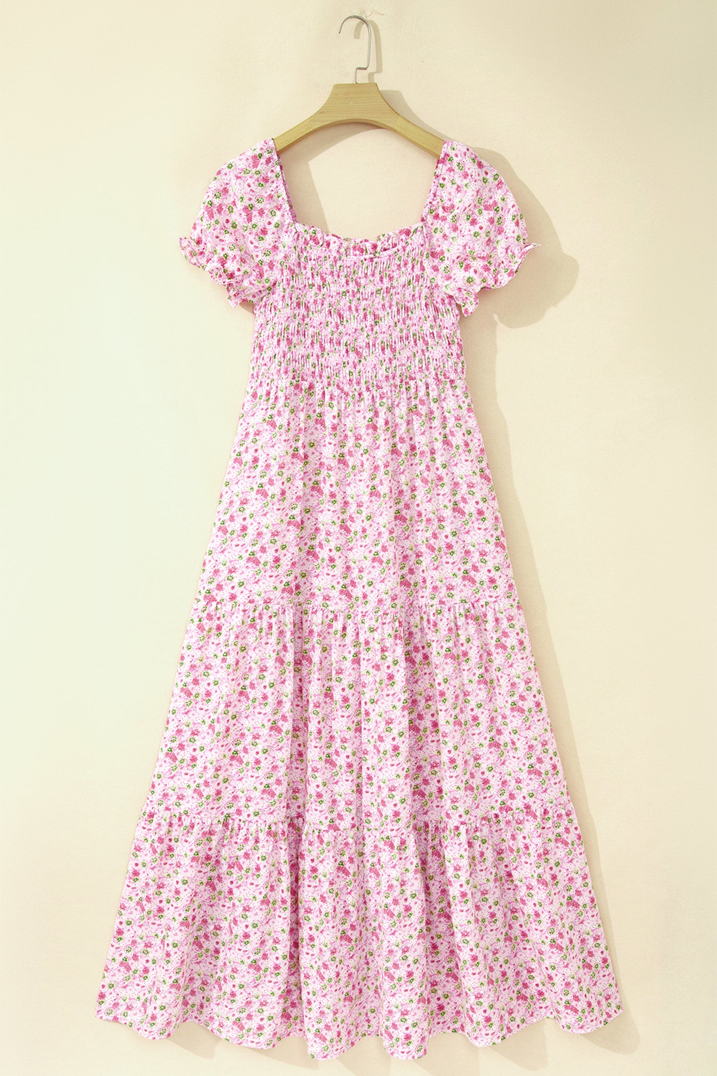 Floral Short Bubble Sleeve Shirred High Waist Maxi Dress