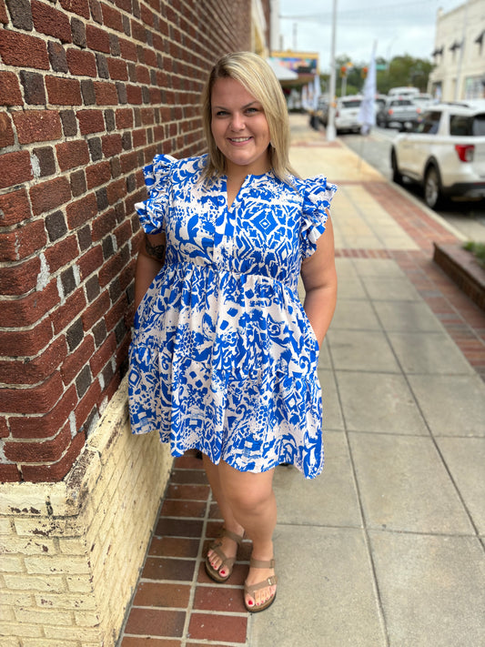 CURVY BLUE BREEZE RUFFLE DRESS