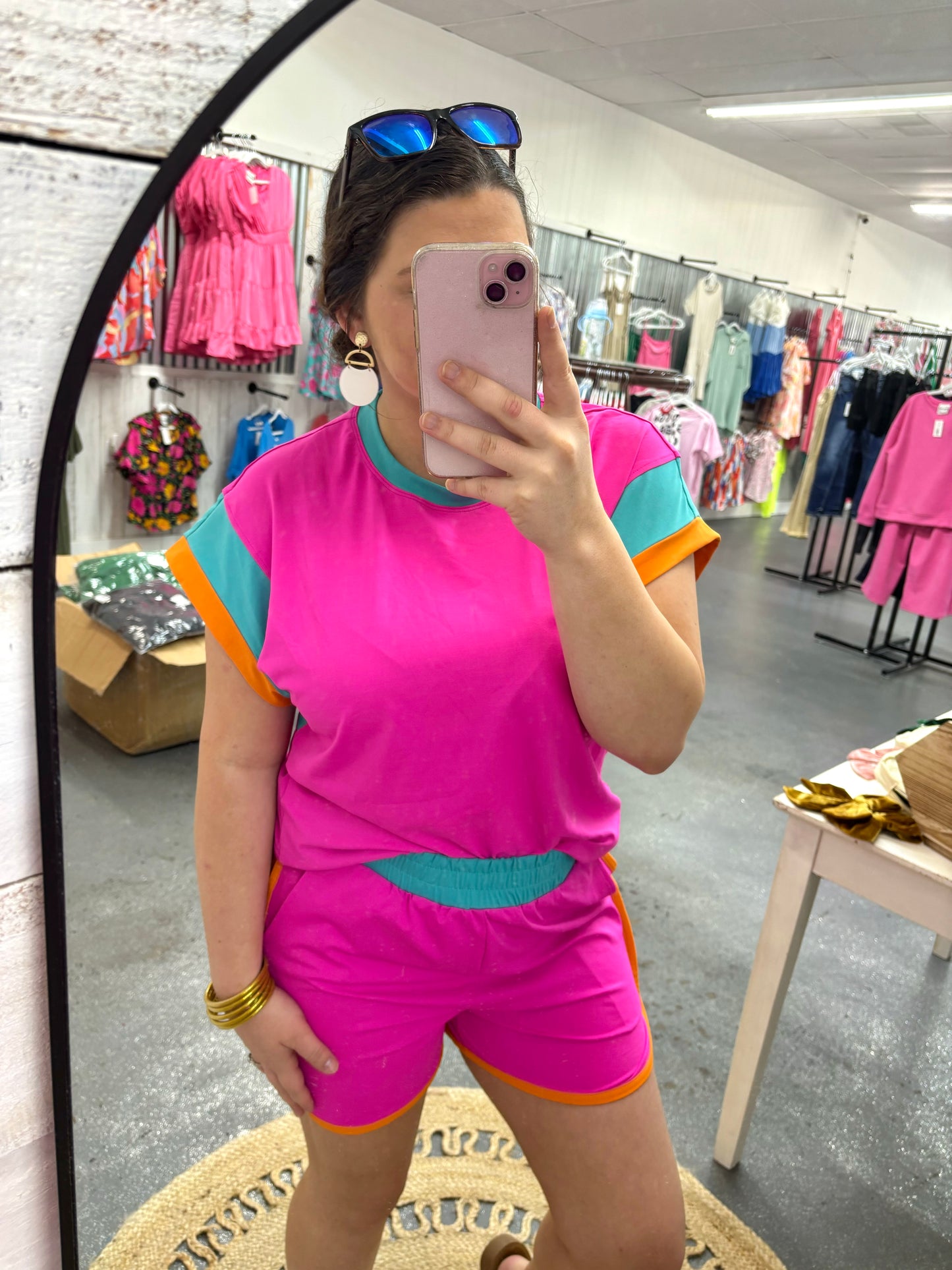 HOT PINK COLOR BLOCK CAP SLEEVE SHORT SET