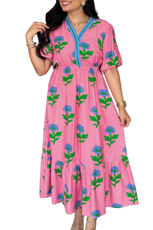 Plus size pink floral ruffled maxi dress by Modern Grace featuring a flowing silhouette and elegant design.