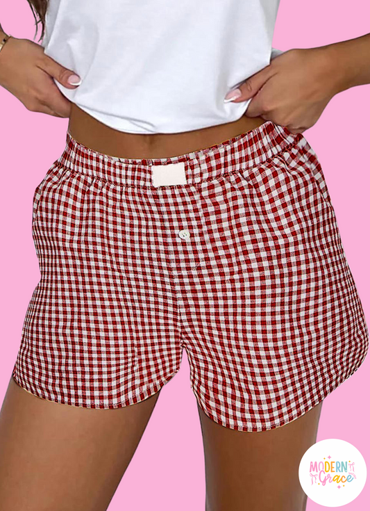 Red Gingham Printed High Waist Shorts