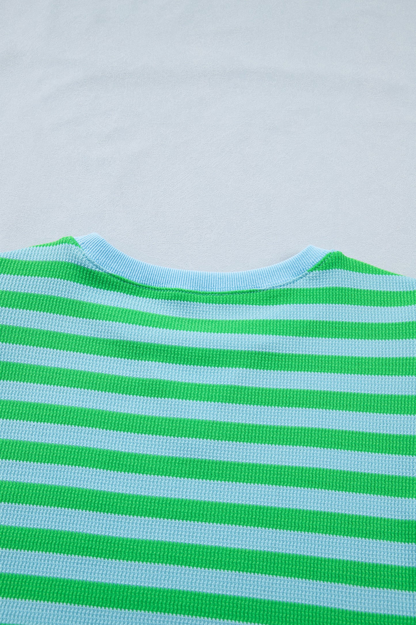 Modern Grace green stripe puff short sleeve T-shirt and matching shorts set, casual two-piece summer outfit.
